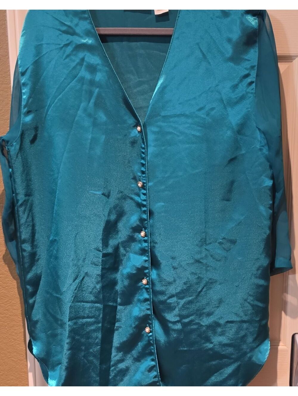 Vtg Victoria's Secret Nightshirt jewel emerald Green Sheer Sleeve Gold Label PS